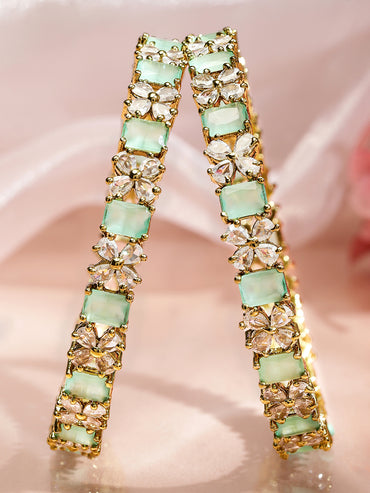 Rubans Set of 2 18K Gold-Plated Pastel Green & White Zirconia Studded Floral Bangles