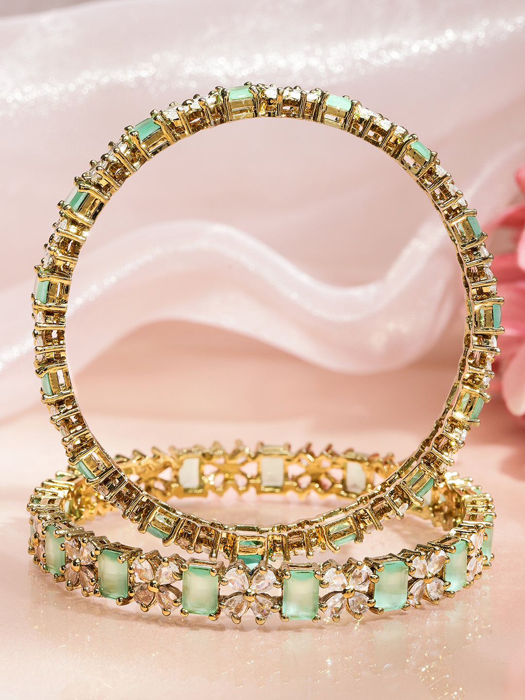 Rubans Set of 2 18K Gold-Plated Pastel Green & White Zirconia Studded Floral Bangles