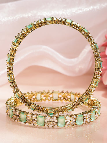 Rubans Set of 2 18K Gold-Plated Pastel Green & White Zirconia Studded Floral Bangles