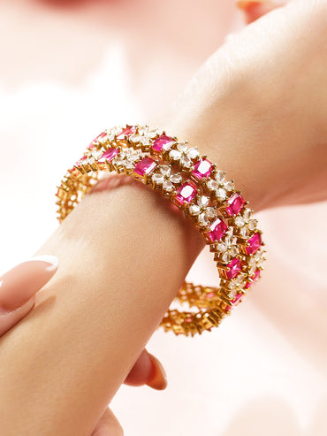 Rubans Set of 2 18K Gold-Plated Ruby Pink & White Cubic Zirconia Studded Floral Bangles