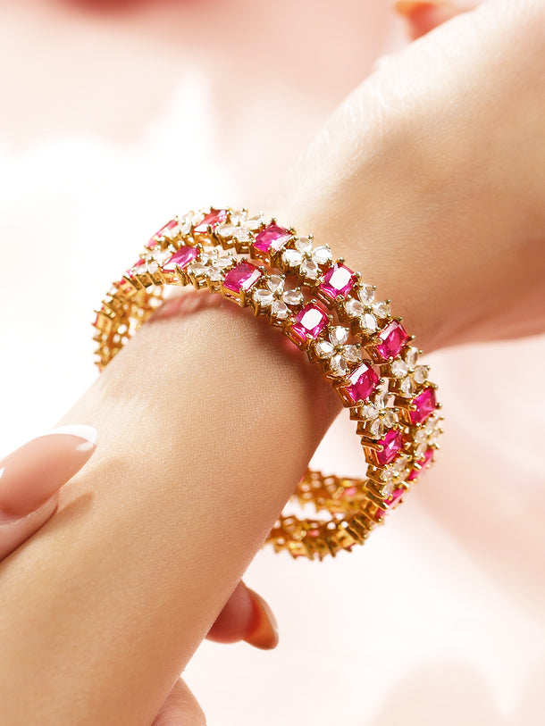 Rubans Set of 2 18K Gold-Plated Ruby Pink & White Cubic Zirconia Studded Floral Bangles