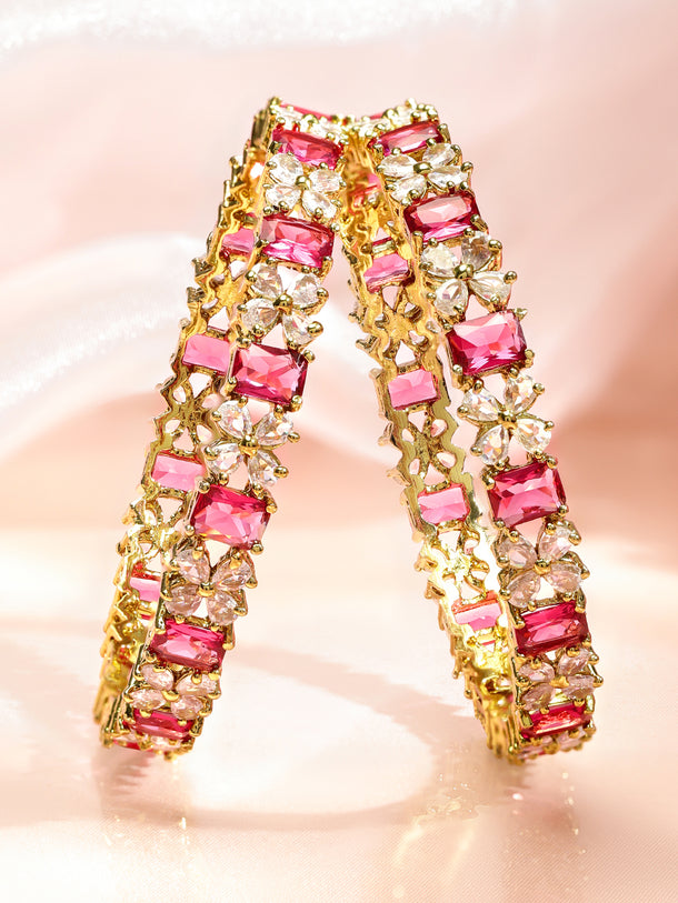 Rubans Set of 2 18K Gold-Plated Ruby Pink & White Cubic Zirconia Studded Floral Bangles