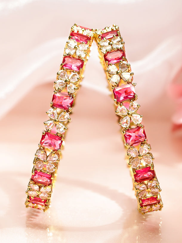 Rubans Set of 2 18K Gold-Plated Ruby Pink & White Cubic Zirconia Studded Floral Bangles