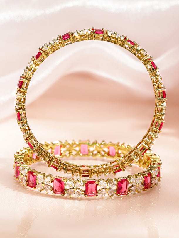 Rubans Set of 2 18K Gold-Plated Ruby Pink & White Cubic Zirconia Studded Floral Bangles