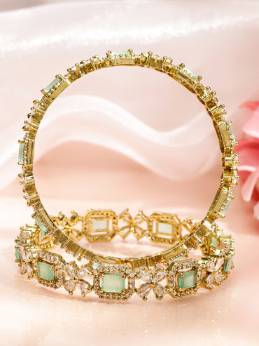Rubans Set of 2 18K Gold-Plated Mint Green & White Cubic Zirconia Studded Floral Bangles