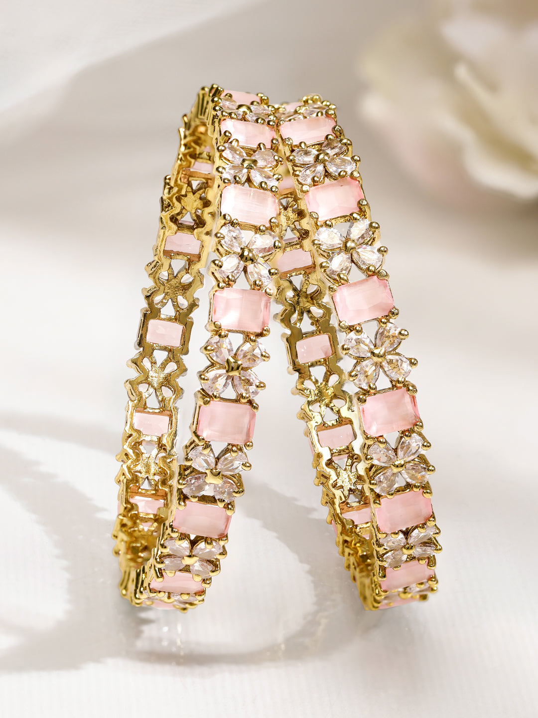 Rubans Set of 2 18K Gold-Plated Pastel Pink & White Cubic Zirconia Studded Floral Bangles