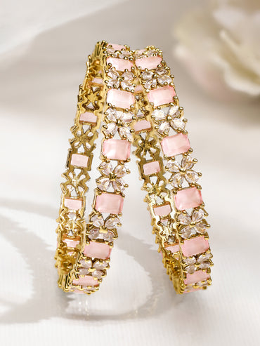 Rubans Set of 2 18K Gold-Plated Pastel Pink & White Cubic Zirconia Studded Floral Bangles