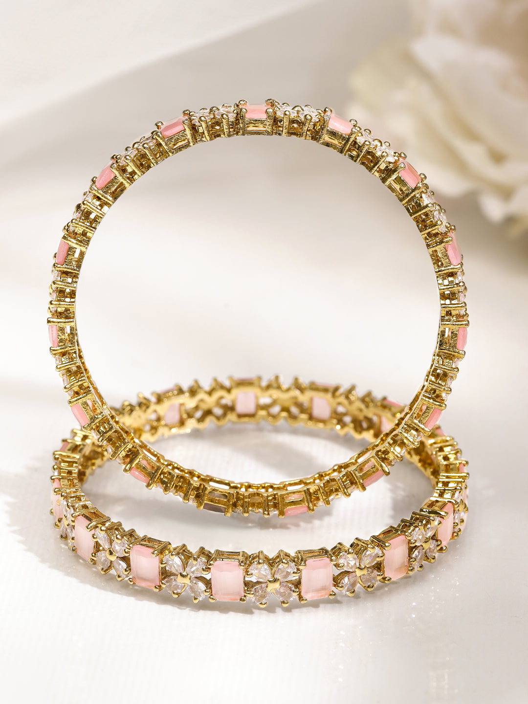 Rubans Set of 2 18K Gold-Plated Pastel Pink & White Cubic Zirconia Studded Floral Bangles