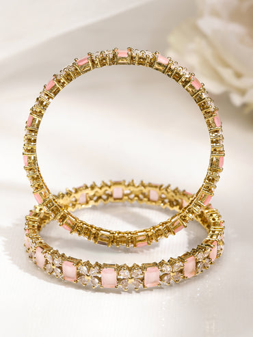 Rubans Set of 2 18K Gold-Plated Pastel Pink & White Cubic Zirconia Studded Floral Bangles