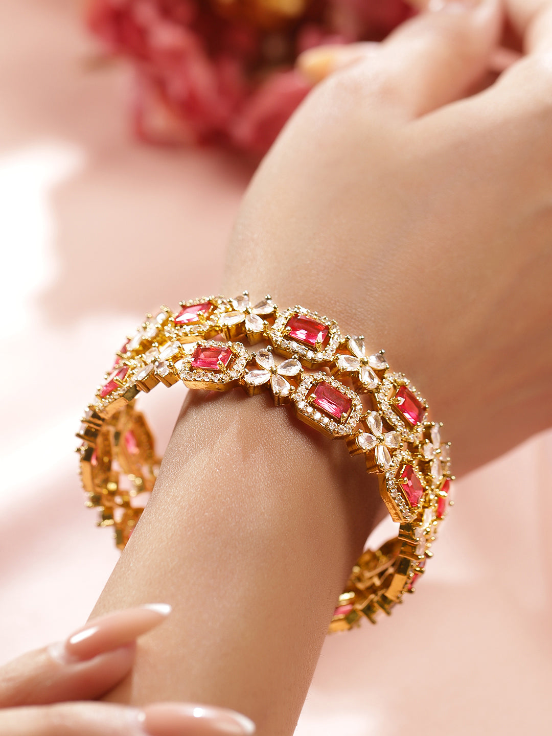 Rubans Set of 2 18K Gold-Plated Ruby Red & White Zirconia Studded Floral Design Bangles