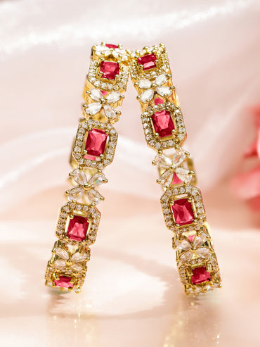 Rubans Set of 2 18K Gold-Plated Ruby Red & White Zirconia Studded Floral Design Bangles