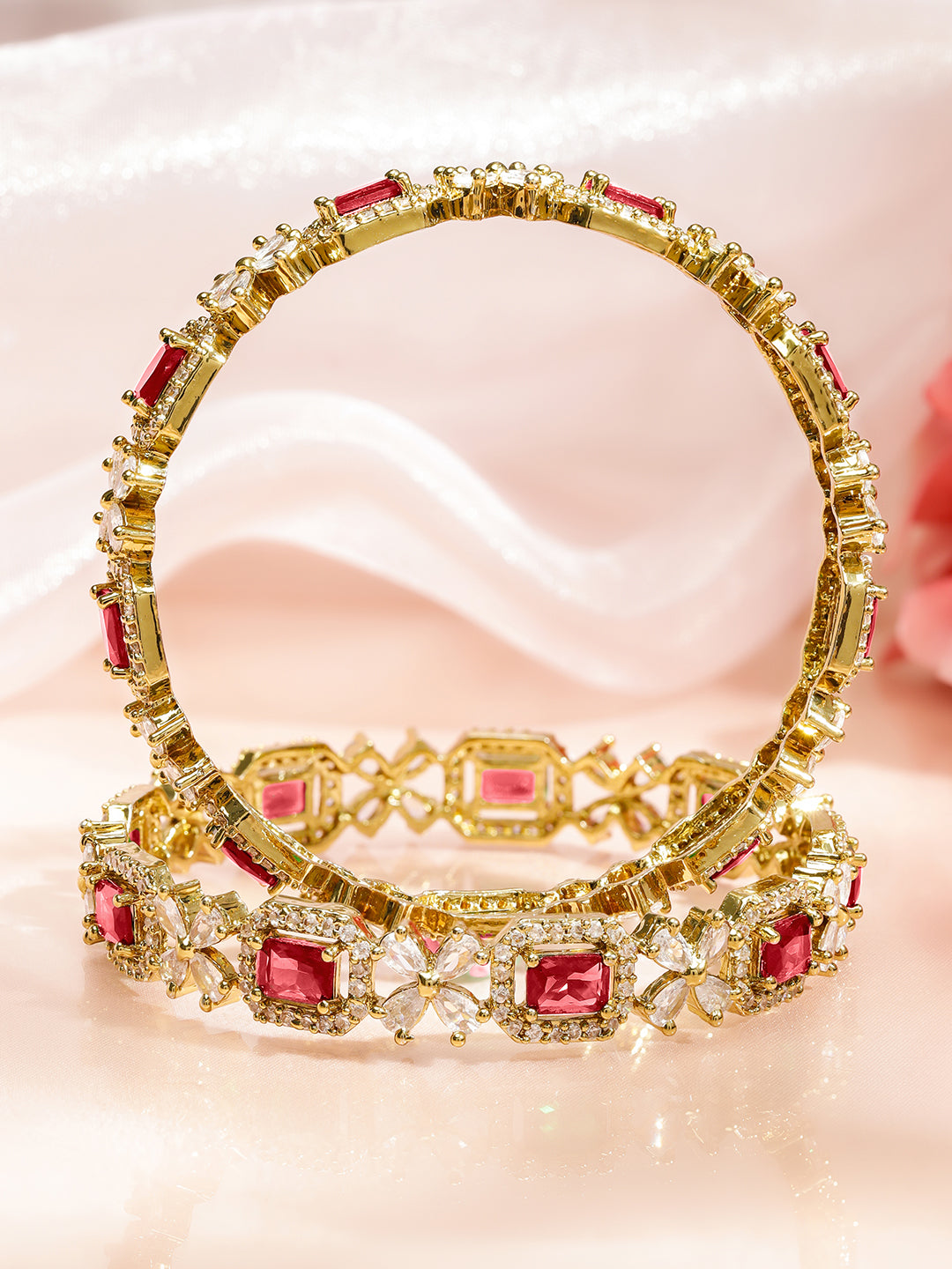 Rubans Set of 2 18K Gold-Plated Ruby Red & White Zirconia Studded Floral Design Bangles