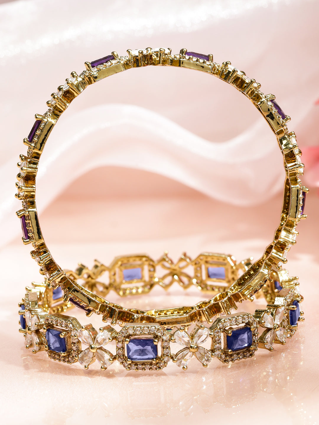 Rubans Set of 2 18K Gold-Plated Purple AD & White Zirconia Studded Floral Design Bangles