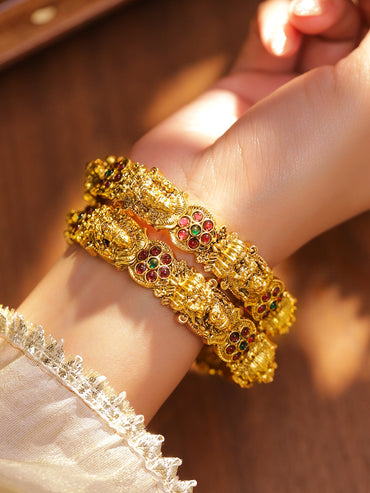 Rubans Set of 2 24K Gold-Plated Ruby Red & Green Stone Studded Temple Bangles with Lakshmi Motif