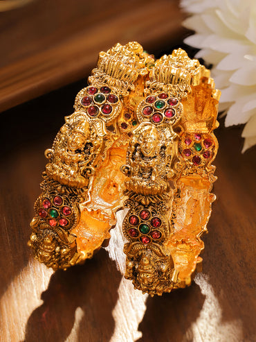 Rubans Set of 2 24K Gold-Plated Ruby Red & Green Stone Studded Temple Bangles with Lakshmi Motif