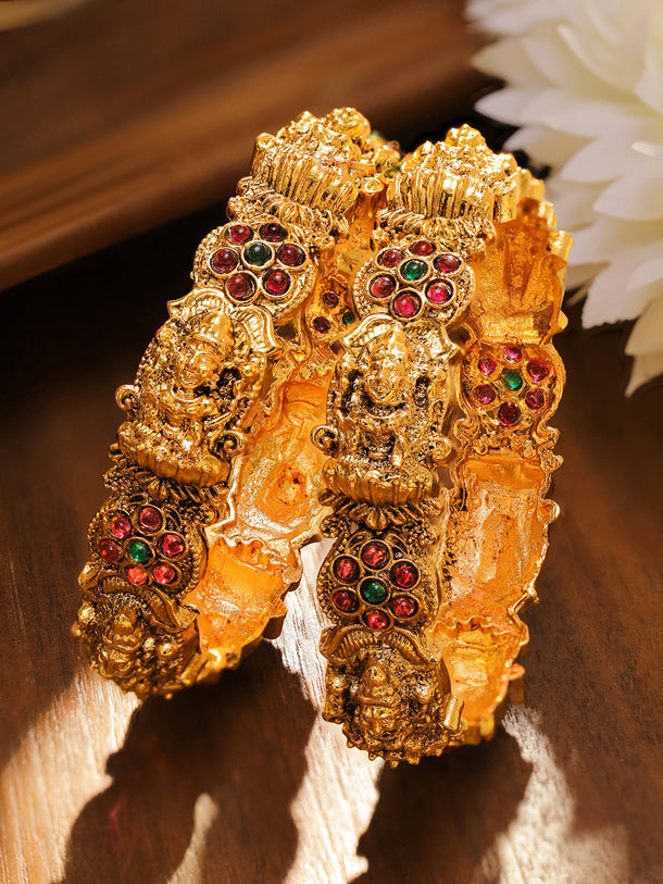 Rubans Set of 2 24K Gold-Plated Ruby Red & Green Stone Studded Temple Bangles with Lakshmi Motif