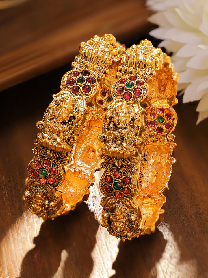Rubans Set of 2 24K Gold-Plated Ruby Red & Green Stone Studded Temple Bangles with Lakshmi Motif