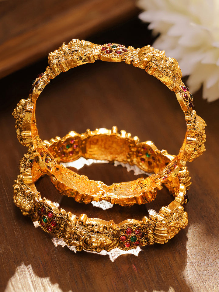 Rubans Set of 2 24K Gold-Plated Ruby Red & Green Stone Studded Temple Bangles with Lakshmi Motif