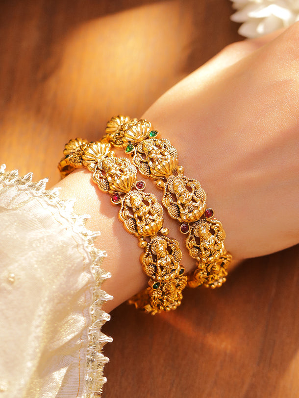 Rubans Set of 2 24K Gold-Plated Divine Lakshmi Temple Bangles with Ruby & Emerald Stones