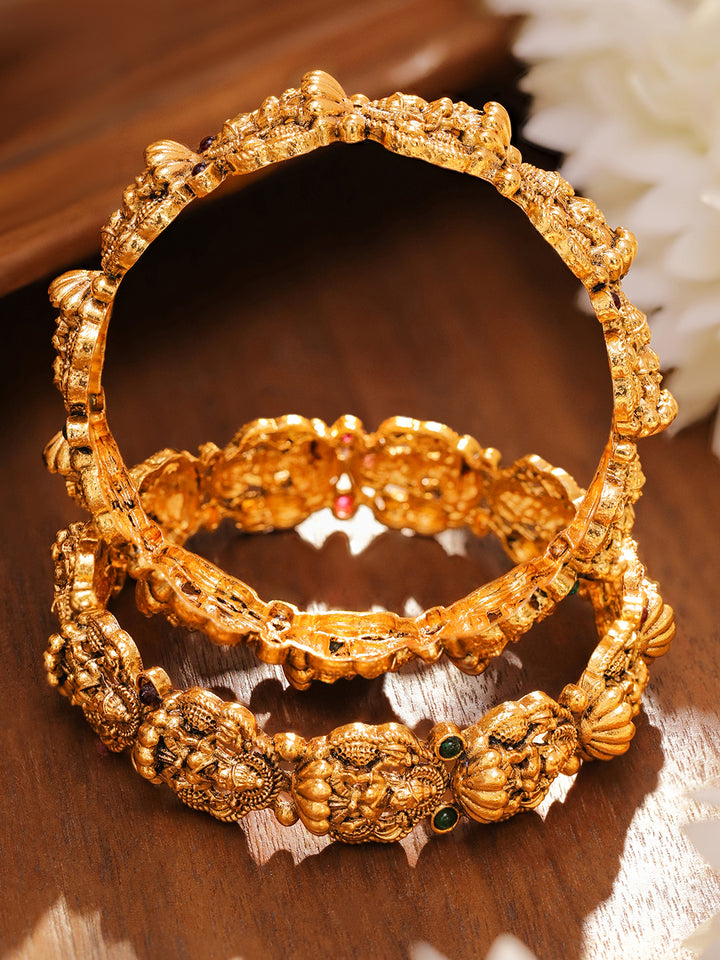 Rubans Set of 2 24K Gold-Plated Divine Lakshmi Temple Bangles with Ruby & Emerald Stones