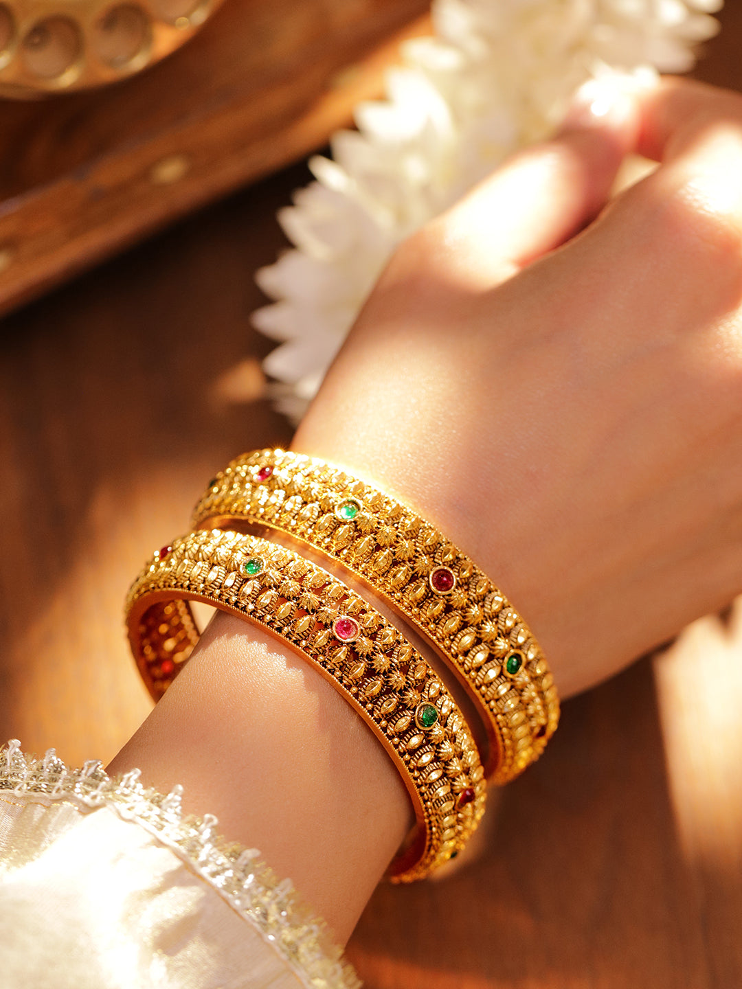 Rubans Set of 2 24K Gold-Plated Ruby Red & Emerald Green Studded Golden Beaded Bangles