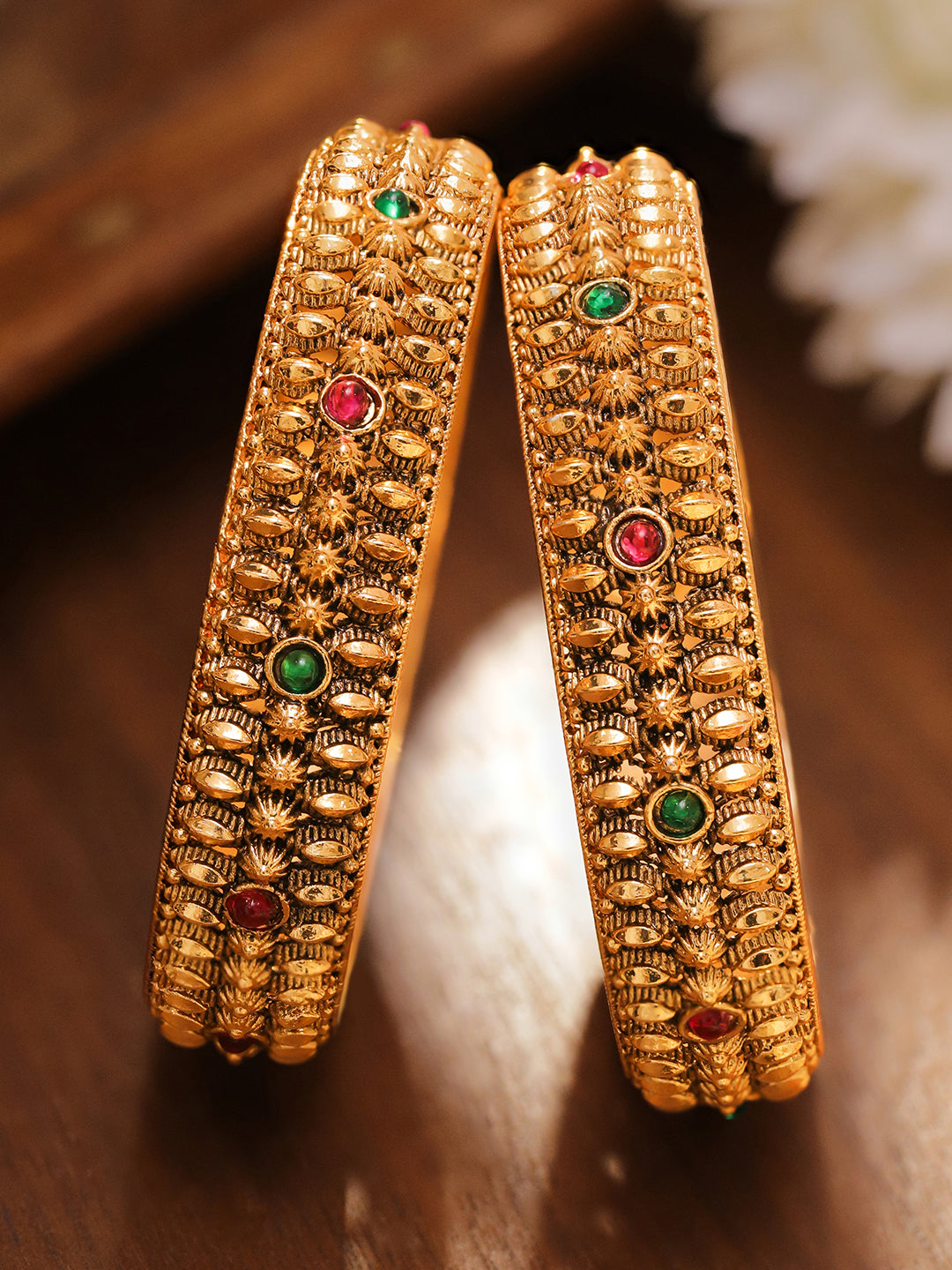 Rubans Set of 2 24K Gold-Plated Ruby Red & Emerald Green Studded Golden Beaded Bangles