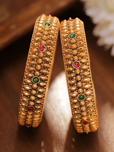Rubans Set of 2 24K Gold-Plated Ruby Red & Emerald Green Studded Golden Beaded Bangles