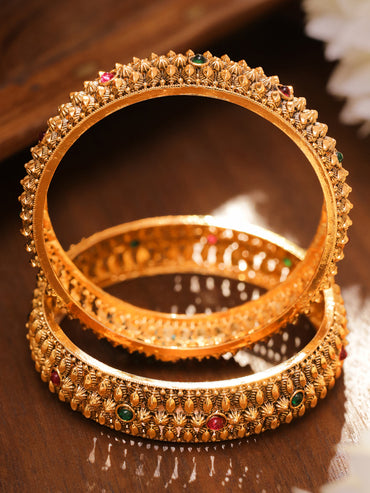 Rubans Set of 2 24K Gold-Plated Ruby Red & Emerald Green Studded Golden Beaded Bangles