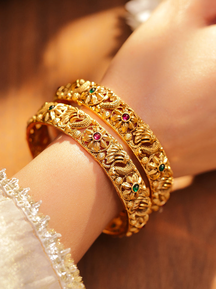 Rubans Set of 2 18K Gold-Plated Emerald Green & Ruby Pink Stone-Studded Floral Peacock Design Bangles