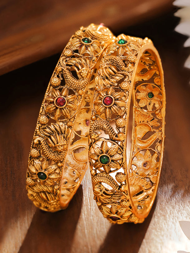 Rubans Set of 2 18K Gold-Plated Emerald Green & Ruby Pink Stone-Studded Floral Peacock Design Bangles