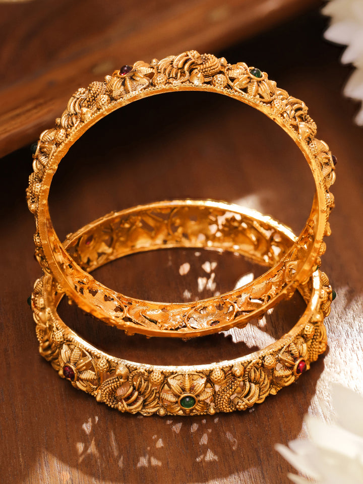 Rubans Set of 2 18K Gold-Plated Emerald Green & Ruby Pink Stone-Studded Floral Peacock Design Bangles