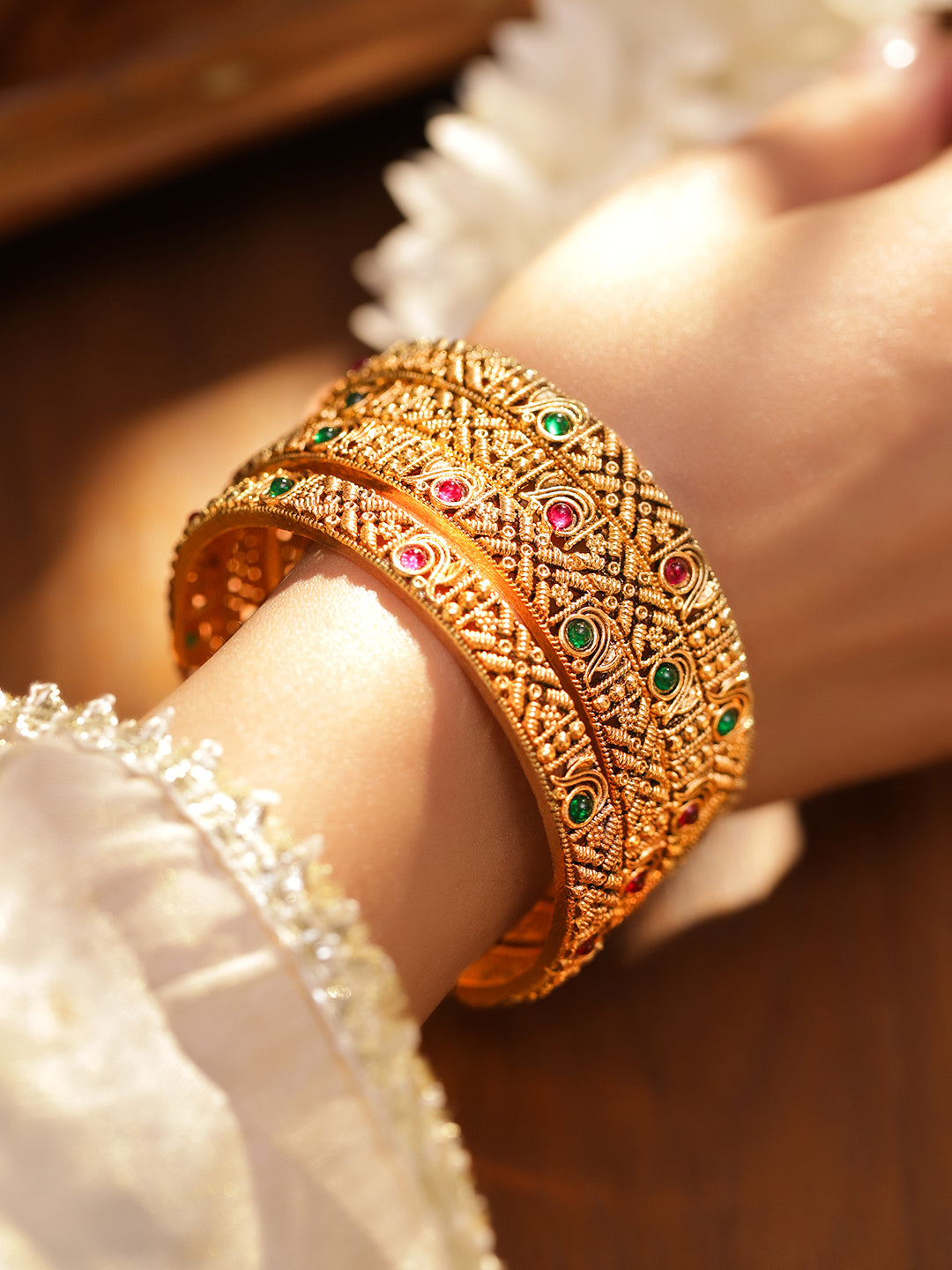 Rubans Set of 2 22K Gold-Plated Antique Bangles with Ruby Red & Emerald Green Stones