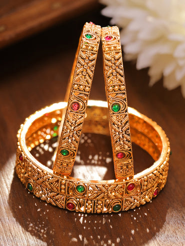 Rubans Set of 2 22K Gold-Plated Antique Bangles with Ruby Red & Emerald Green Stones
