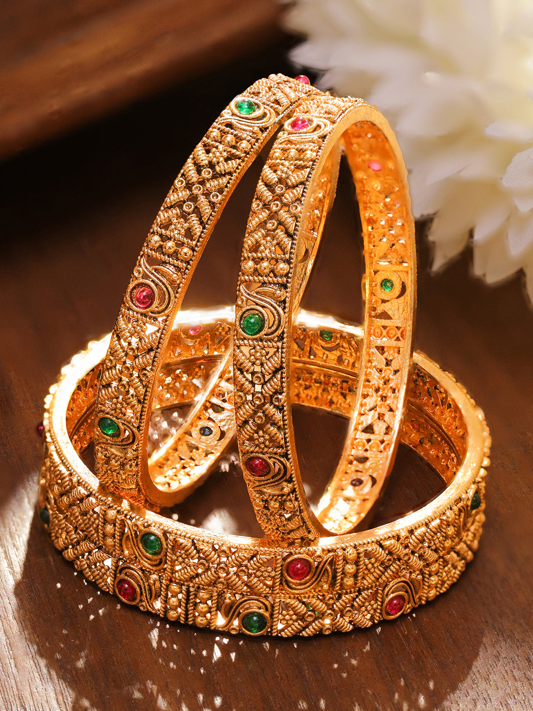 Rubans Set of 2 22K Gold-Plated Antique Bangles with Ruby Red & Emerald Green Stones