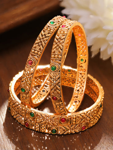 Rubans Set of 2 22K Gold-Plated Antique Bangles with Ruby Red & Emerald Green Stones