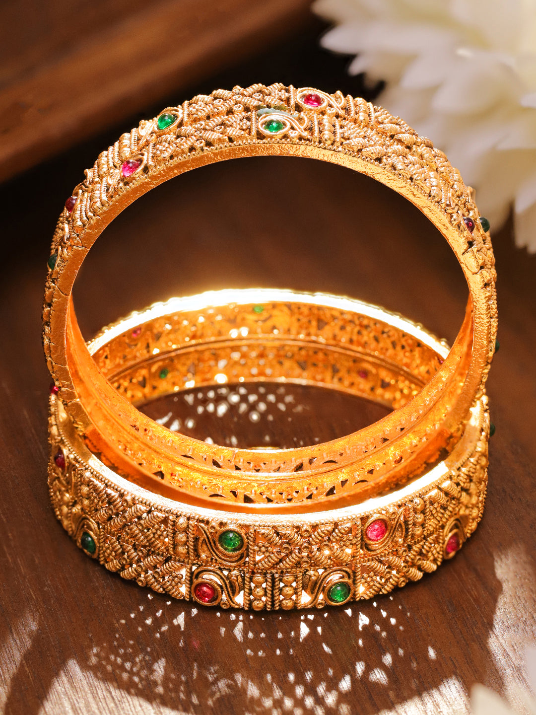 Rubans Set of 2 22K Gold-Plated Antique Bangles with Ruby Red & Emerald Green Stones