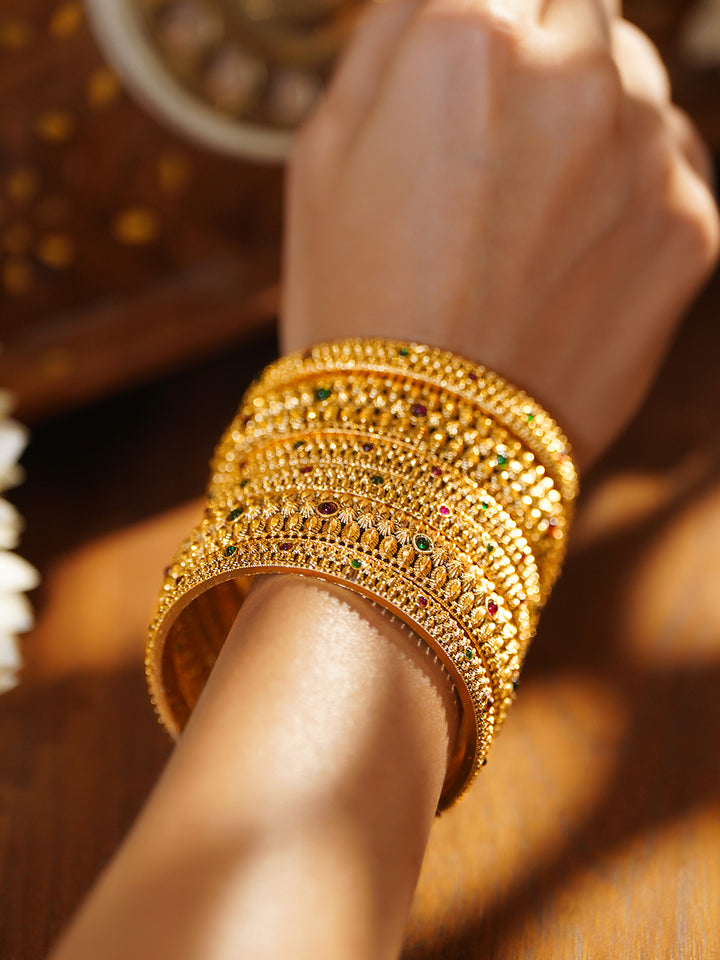 Rubans Set of 6 22K Gold-Plated Brass Red & Green Stones Temple Heritage Bangles
