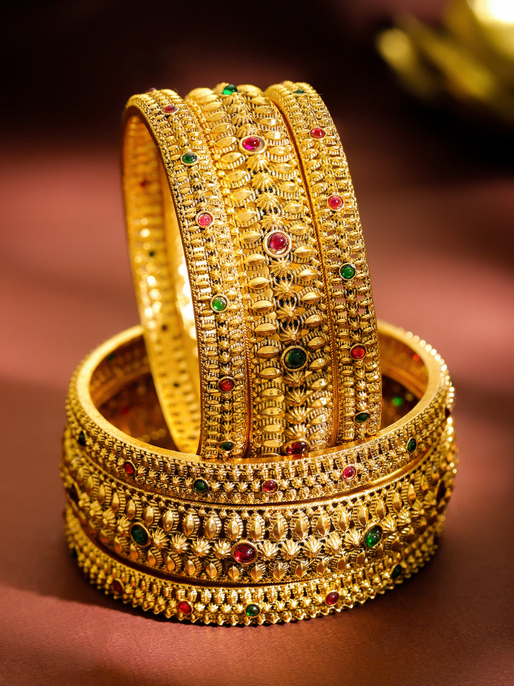 Rubans Set of 6 22K Gold-Plated Brass Red & Green Stones Temple Heritage Bangles
