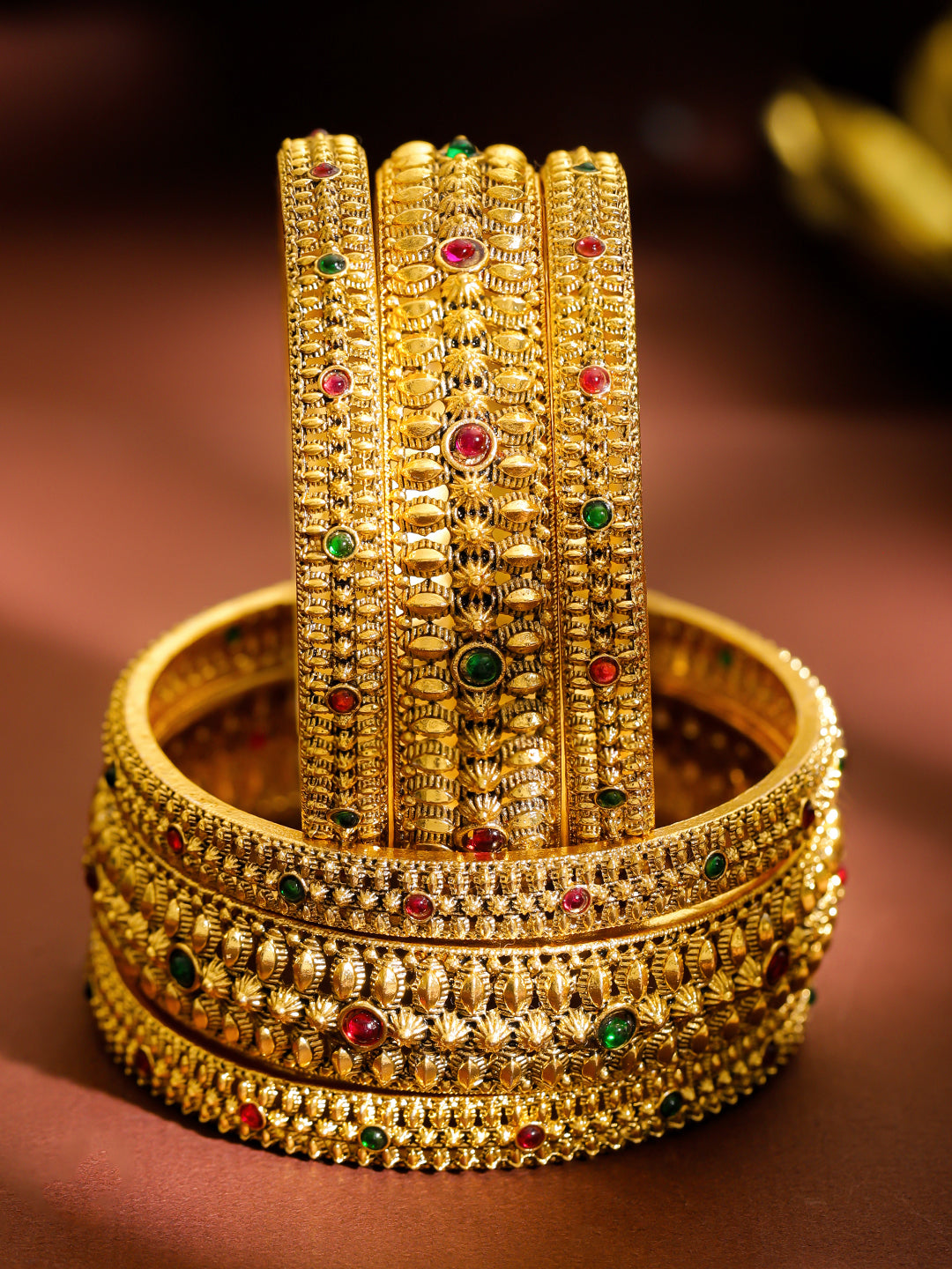 Rubans Set of 6 22K Gold-Plated Brass Red & Green Stones Temple Heritage Bangles