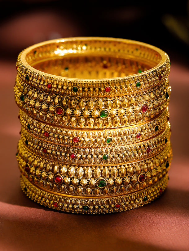 Rubans Set of 6 22K Gold-Plated Brass Red & Green Stones Temple Heritage Bangles