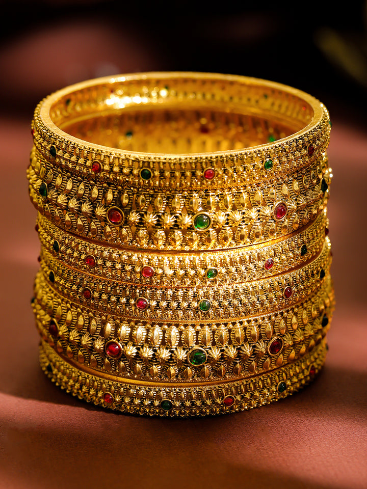 Rubans Set of 6 22K Gold-Plated Brass Red & Green Stones Temple Heritage Bangles