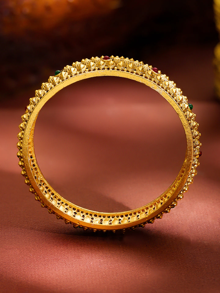 Rubans Set of 6 22K Gold-Plated Brass Red & Green Stones Temple Heritage Bangles
