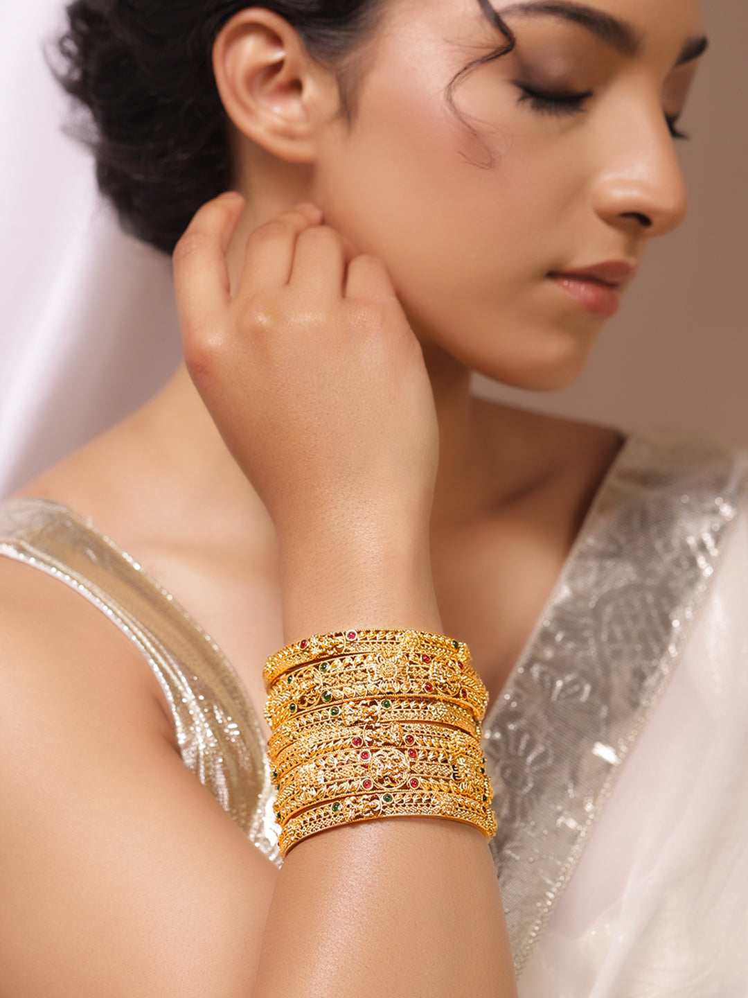 Rubans Set Of 6 22K Gold-Plated Ruby & Emerald-Studded Bangles