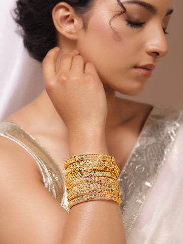 Rubans Set Of 6 22K Gold-Plated Ruby & Emerald-Studded Bangles