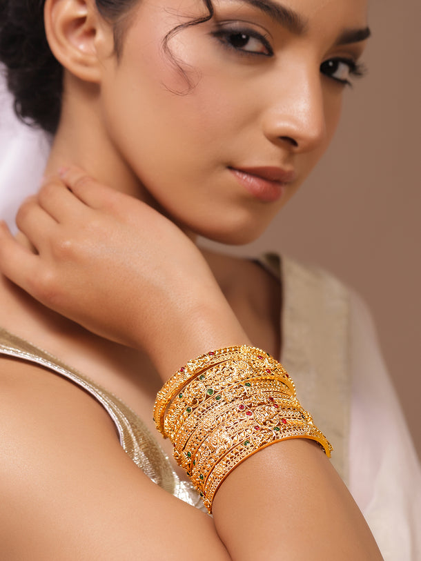 Gold Toned Temple Bangles Set Of 6