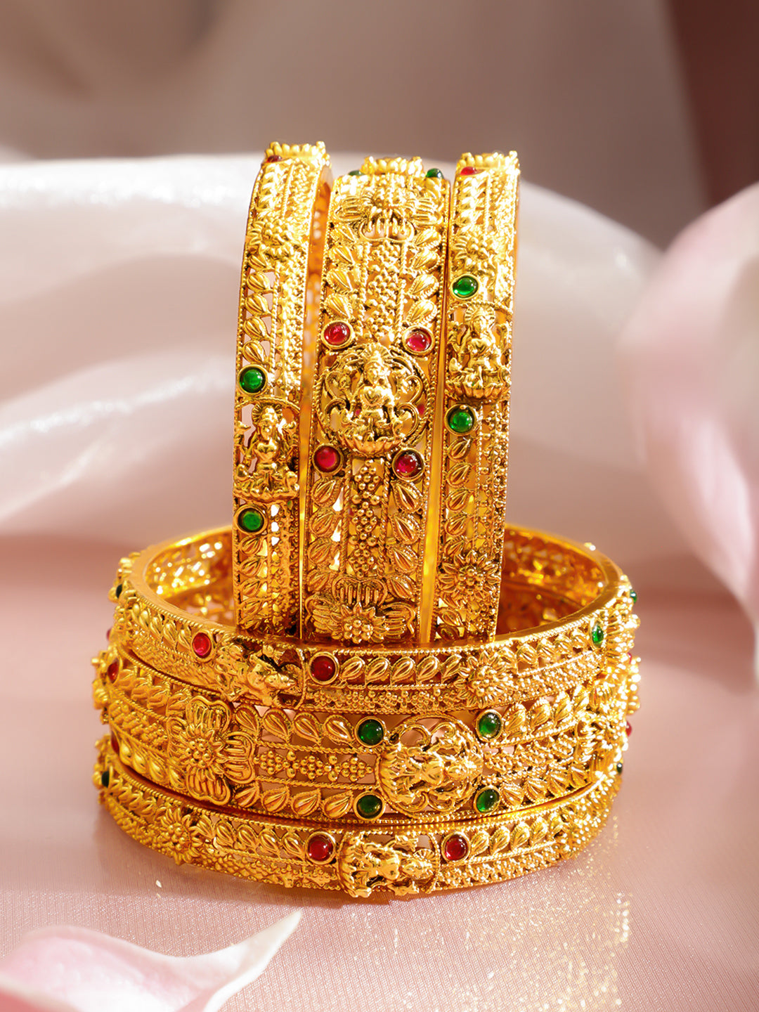 Rubans Set Of 6 22K Gold-Plated Ruby & Emerald-Studded Bangles