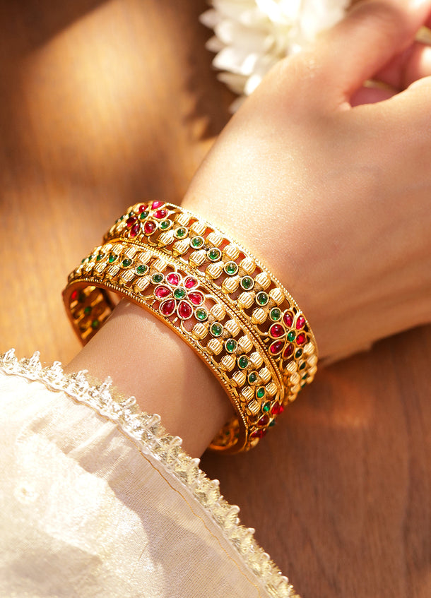 Green-Red Florat Gold Plated Bangles