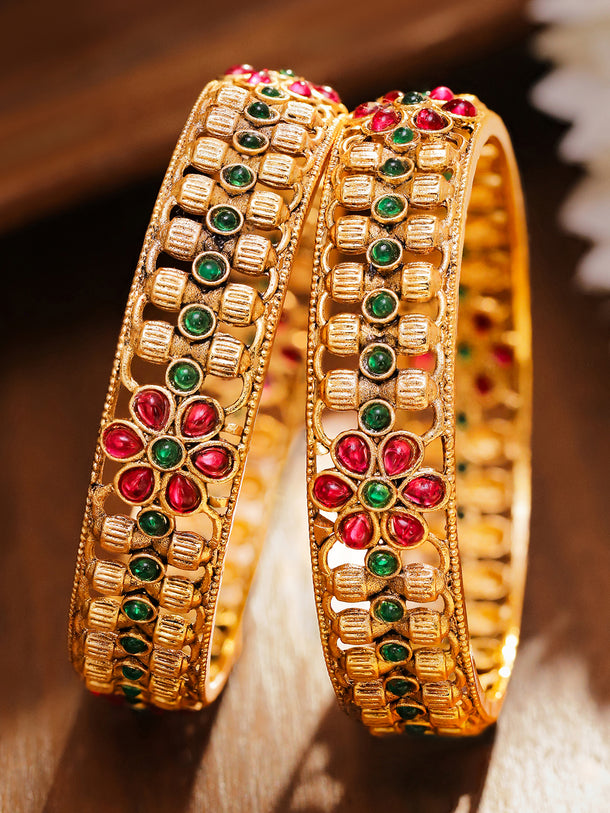 Green-Red Florat Gold Plated Bangles