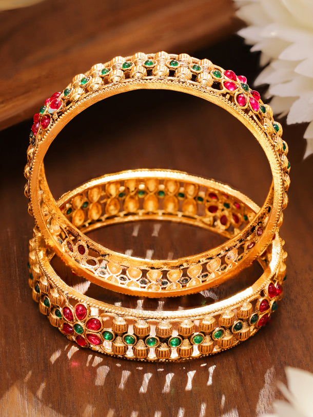 Green-Red Florat Gold Plated Bangles