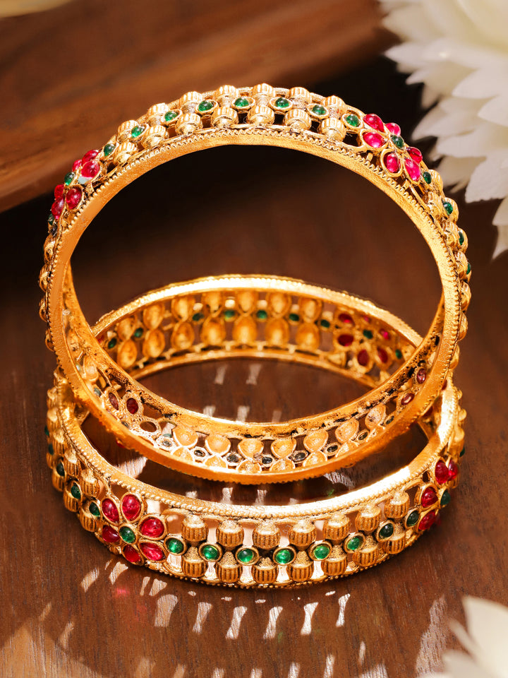 Green-Red Florat Gold Plated Bangles